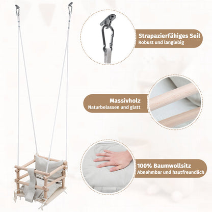 Hengda Babyschaukel, Kinderschaukel aus Holz, Höhenverstellbarer Schaukelsitz mit Polsterung, Tragkraft 50kg, Indoor Outdoor