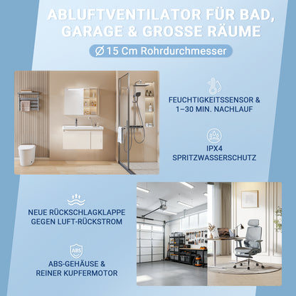 Hengda Badlüfter 150 mm mit Feuchtigkeitssensor & Timer