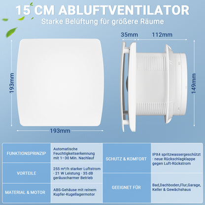 Hengda Badlüfter 150 mm mit Feuchtigkeitssensor & Timer