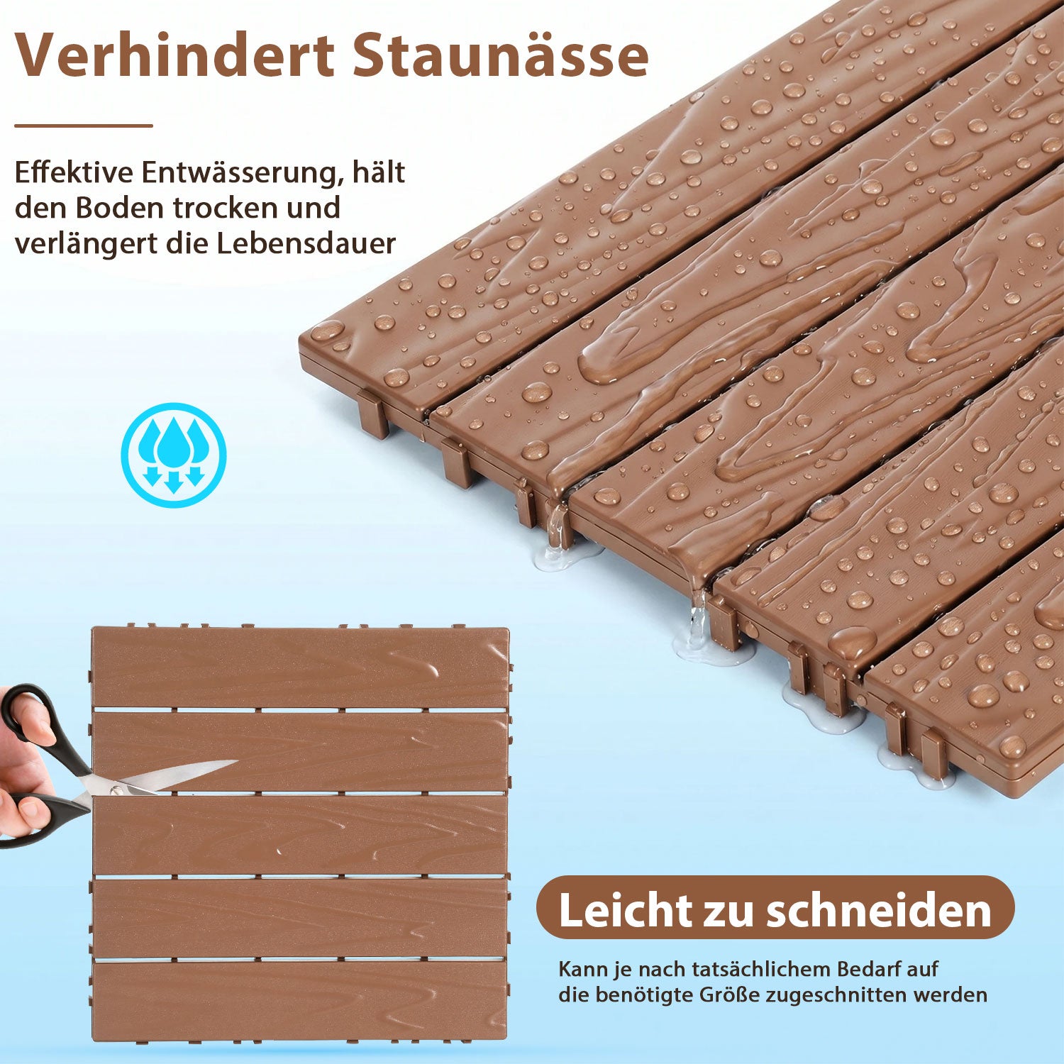 Hengda PP Holzfliesen Balkon, 30x30cm Terrassenfliesen, mit Drainage-Klicksystem