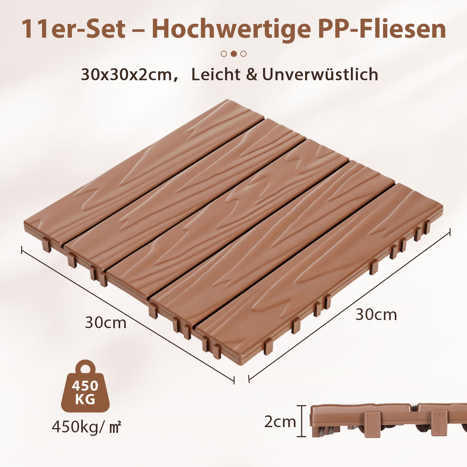 Hengda PP Holzfliesen Balkon, 30x30cm Terrassenfliesen, mit Drainage-Klicksystem