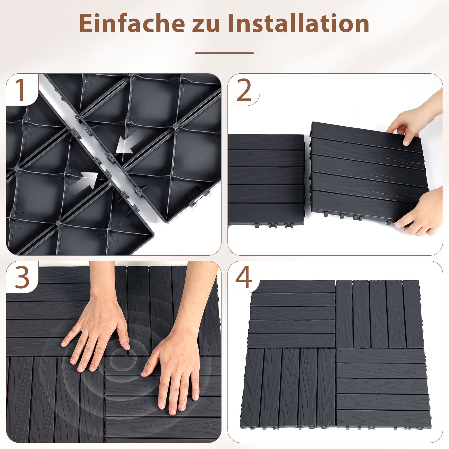 Hengda PP Holzfliesen Balkon, 30x30cm Terrassenfliesen, mit Drainage-Klicksystem