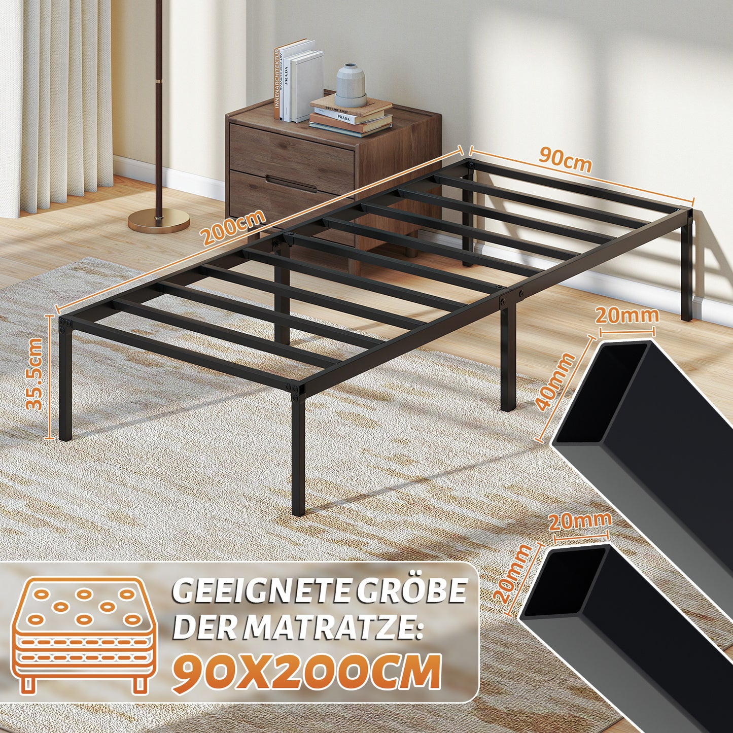 Hengda Bettgestell 90 x 200 cm, Bettrahmen, 200 kg Statische Tragkraft