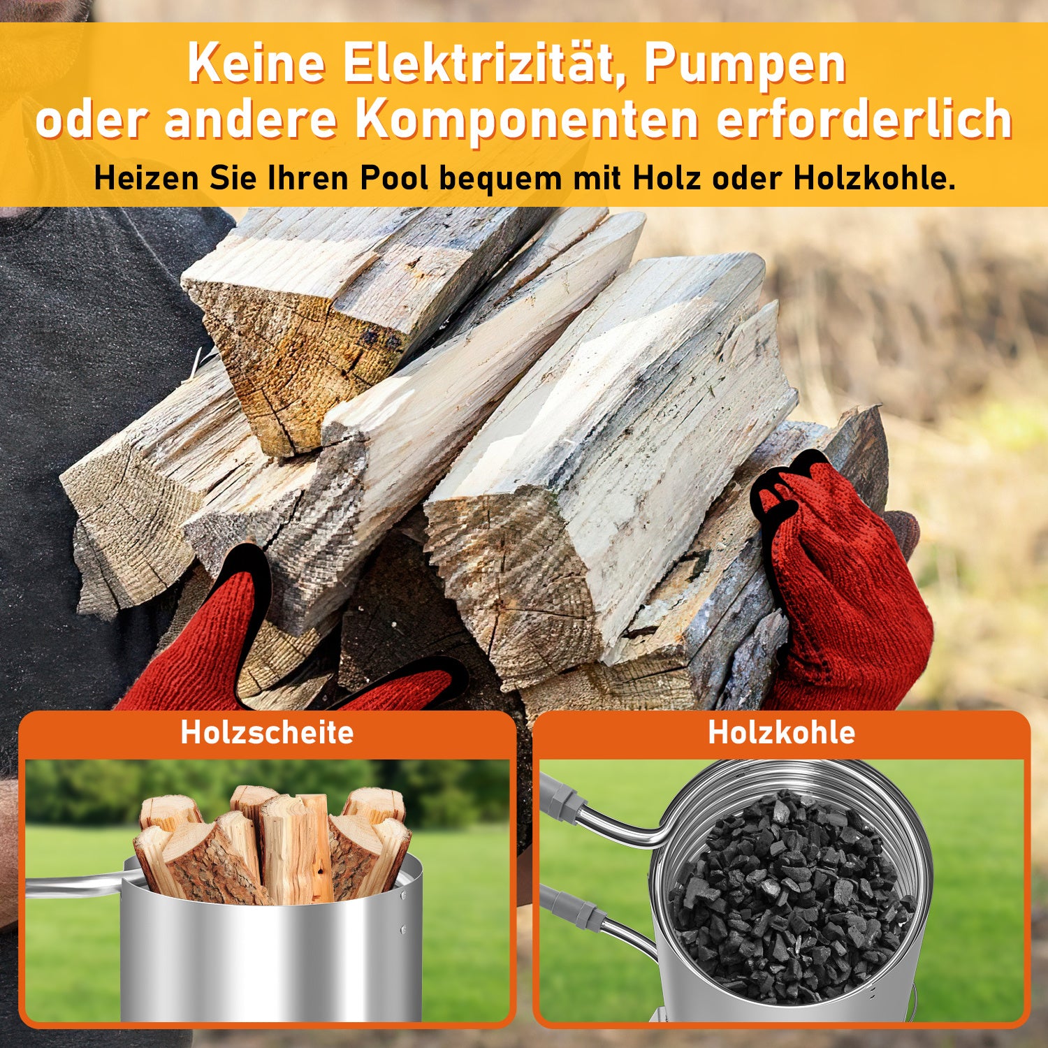 Hengda Brennholz Poolheizung, Poolheizung mit Feuer, 32/38mm Anschlüsse, mit Feuerfeste Matte und Tablett