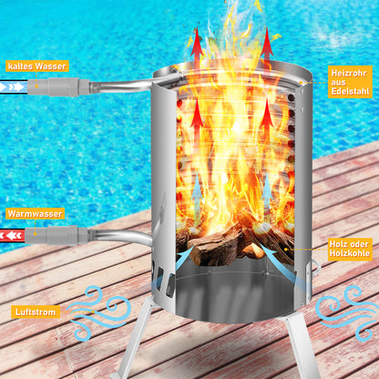 Hengda Brennholz Poolheizung, Poolheizung mit Feuer, 32/38mm Anschlüsse, mit Feuerfeste Matte und Tablett