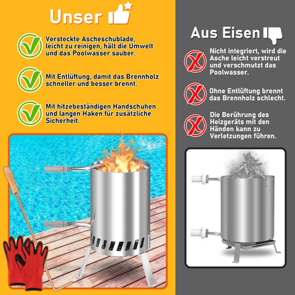 Hengda Brennholz Poolheizung, Poolheizung mit Feuer, 32/38mm Anschlüsse, mit Feuerfeste Matte und Tablett