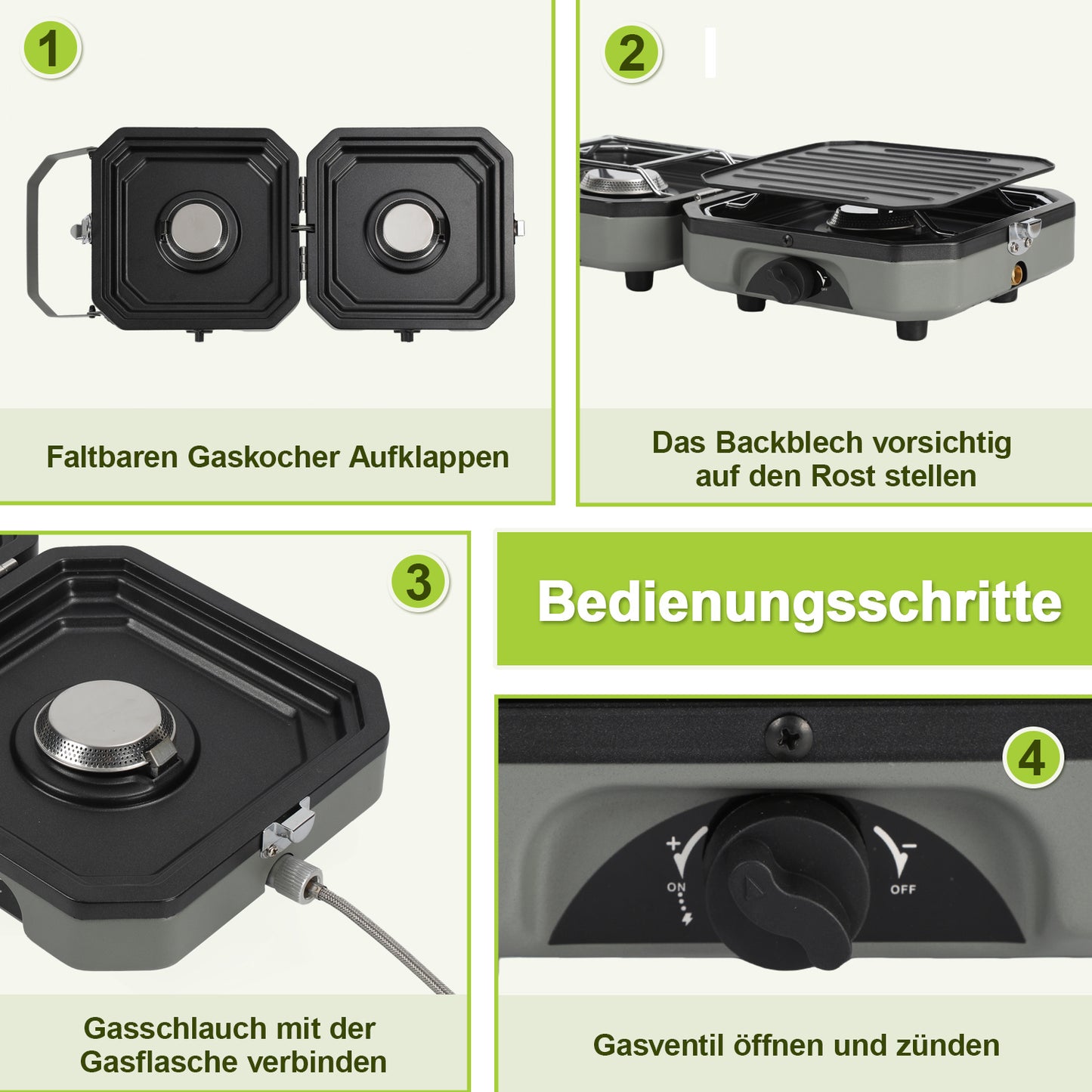 Hengda Campingkocher 2-in-1-Gascampingherd, Tragbarer Gaskocher mit Grillplatte & Piezo