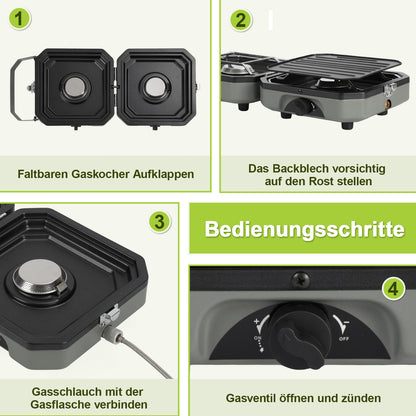 Hengda Campingkocher 2-in-1-Gascampingherd, Tragbarer Gaskocher mit Grillplatte & Piezo