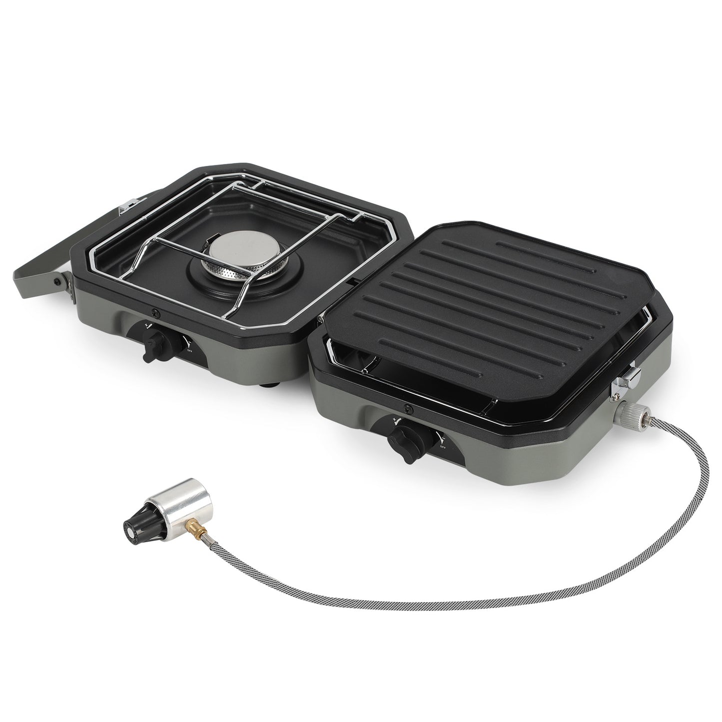 Hengda Campingkocher 2-in-1-Gascampingherd, Tragbarer Gaskocher mit Grillplatte & Piezo