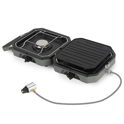 Hengda Campingkocher 2-in-1-Gascampingherd, Tragbarer Gaskocher mit Grillplatte & Piezo