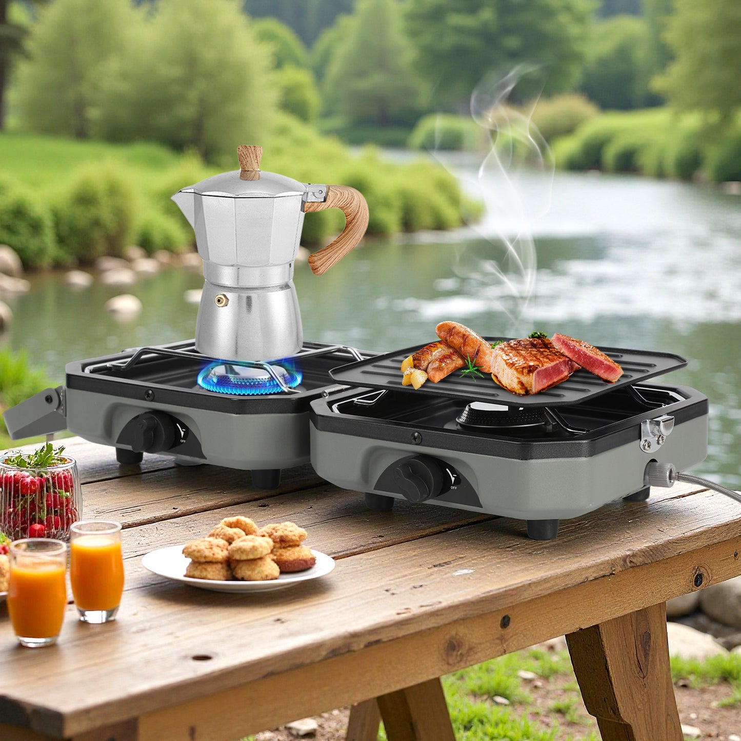 Hengda Campingkocher 2-in-1-Gascampingherd, Tragbarer Gaskocher mit Grillplatte & Piezo