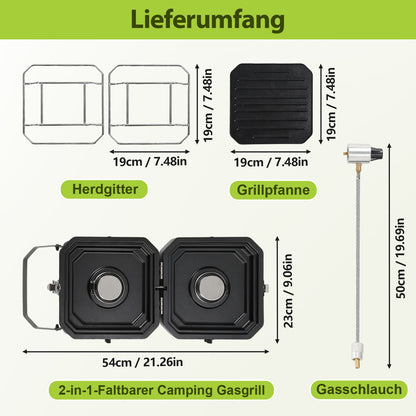 Hengda Campingkocher 2-in-1-Gascampingherd, Tragbarer Gaskocher mit Grillplatte & Piezo