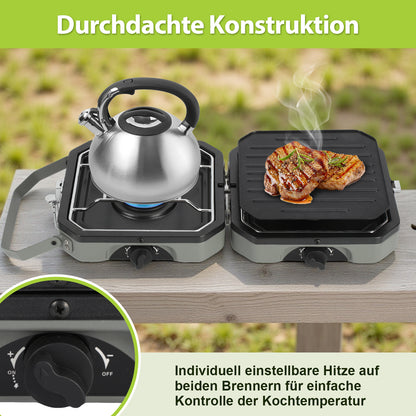 Hengda Campingkocher 2-in-1-Gascampingherd, Tragbarer Gaskocher mit Grillplatte & Piezo