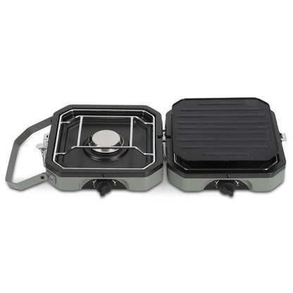 Hengda Campingkocher 2-in-1-Gascampingherd, Tragbarer Gaskocher mit Grillplatte & Piezo