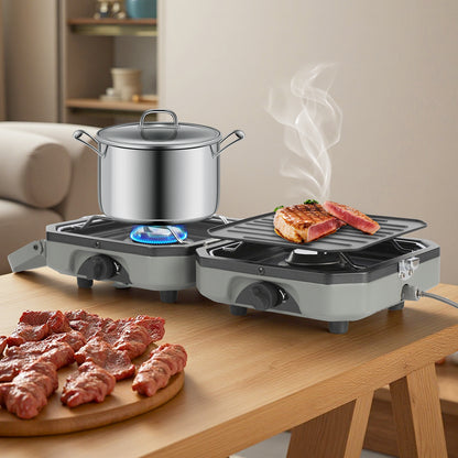 Hengda Campingkocher 2-in-1-Gascampingherd, Tragbarer Gaskocher mit Grillplatte & Piezo