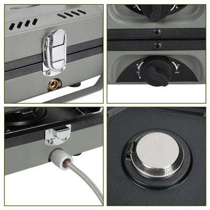 Hengda Campingkocher 2-in-1-Gascampingherd, Tragbarer Gaskocher mit Grillplatte & Piezo