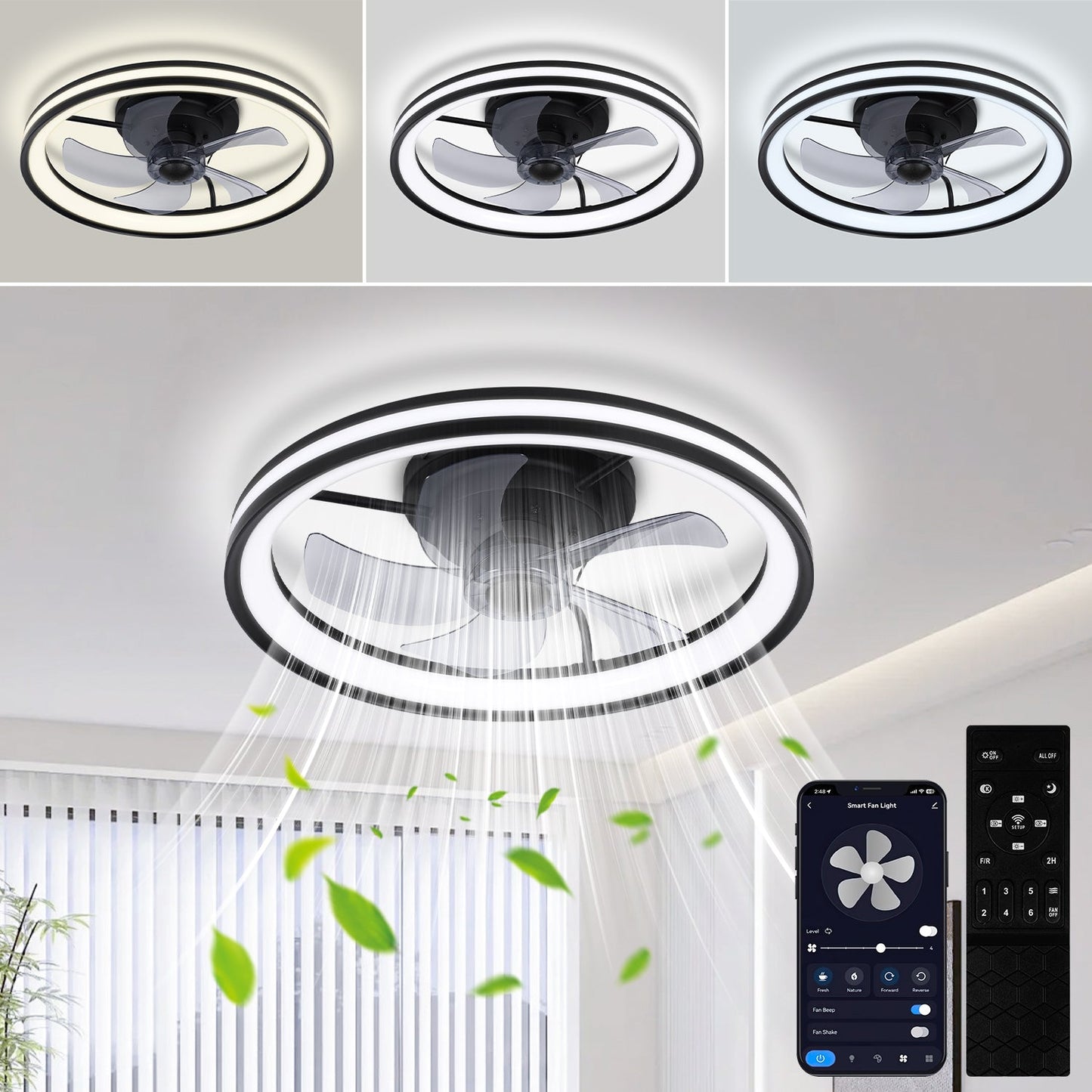 Hengda Deckenventilator Mit Beleuchtung Dimmbar Ventilator Ø50cm, Fernbedienung/APP-Steuerung, 6 Windstufen, Deckenleuchte mit Ventilator
