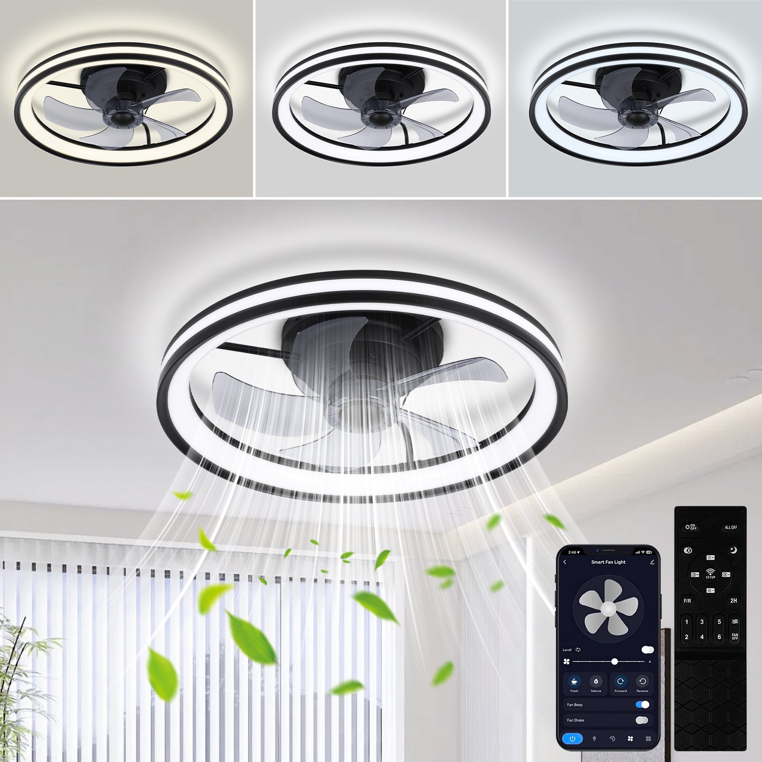 Hengda Deckenventilator Mit Beleuchtung Dimmbar Ventilator Ø50cm, Fernbedienung/APP-Steuerung, 6 Windstufen, Deckenleuchte mit Ventilator