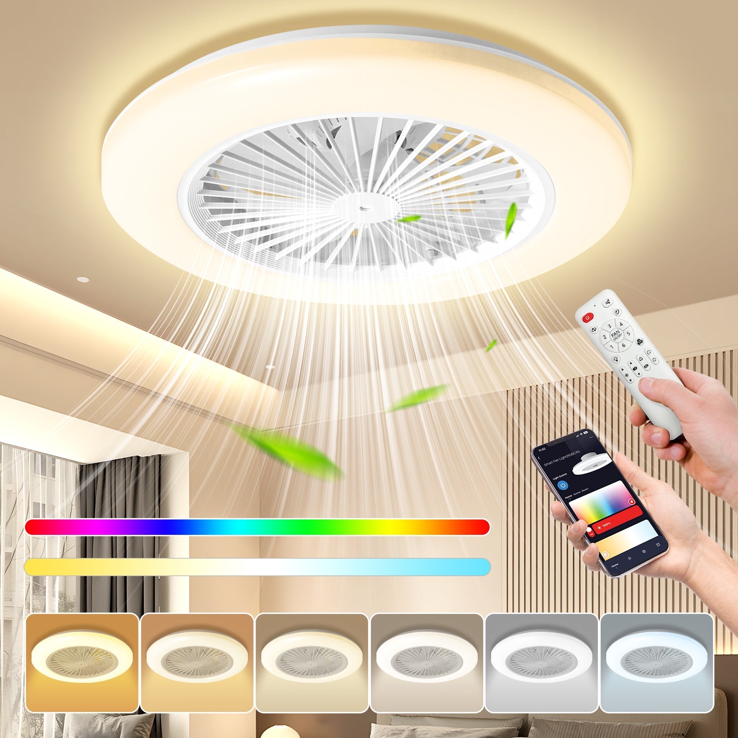 Hengda Deckenventilator mit RGB LED Beleuchtung, 6 Geschwindigkeiten,  Stufenloses Dimmen, φ49cm, Ventilator Lüfter Deckenlampe