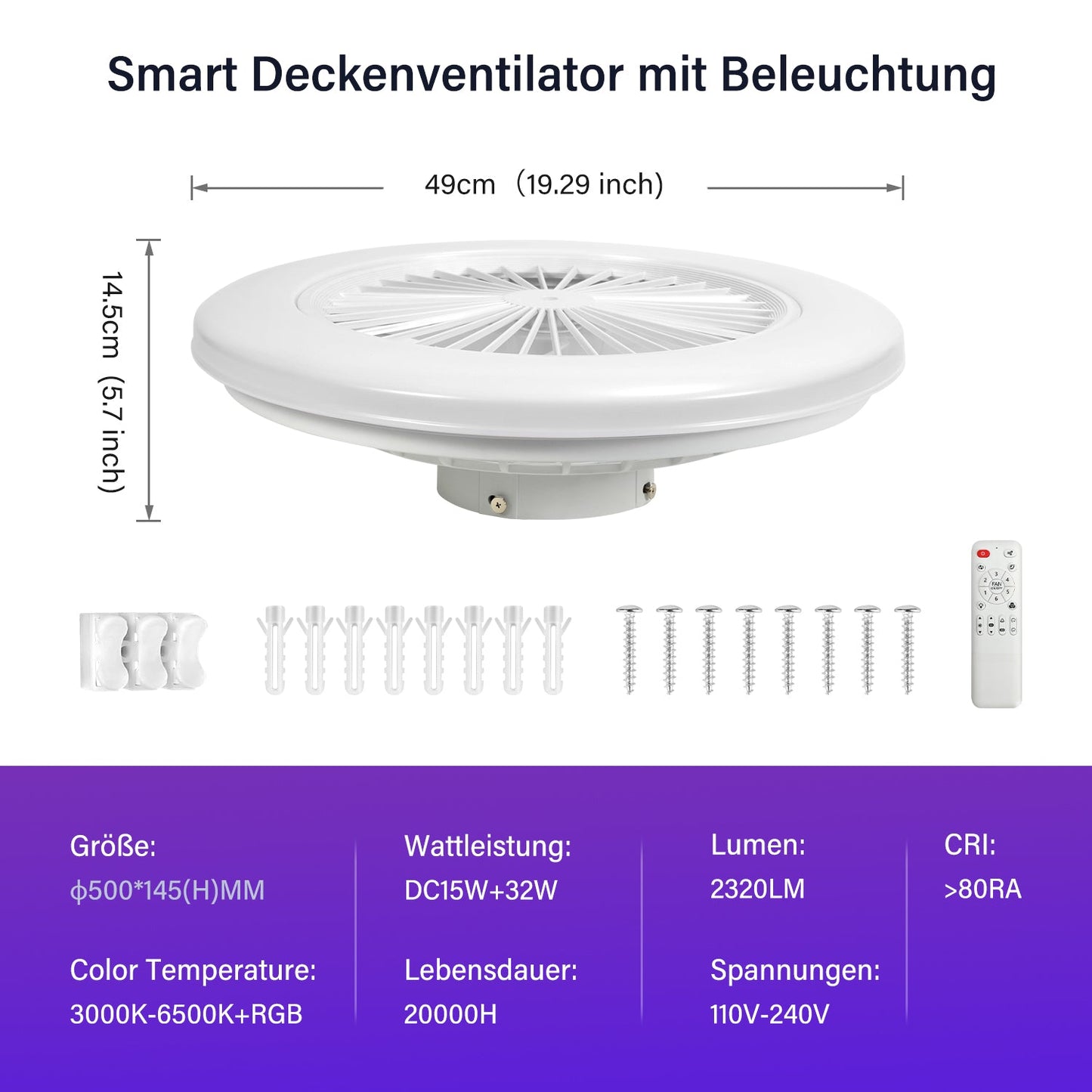 Hengda Deckenventilator mit RGB LED Beleuchtung, 6 Geschwindigkeiten,  Stufenloses Dimmen, φ49cm, Ventilator Lüfter Deckenlampe