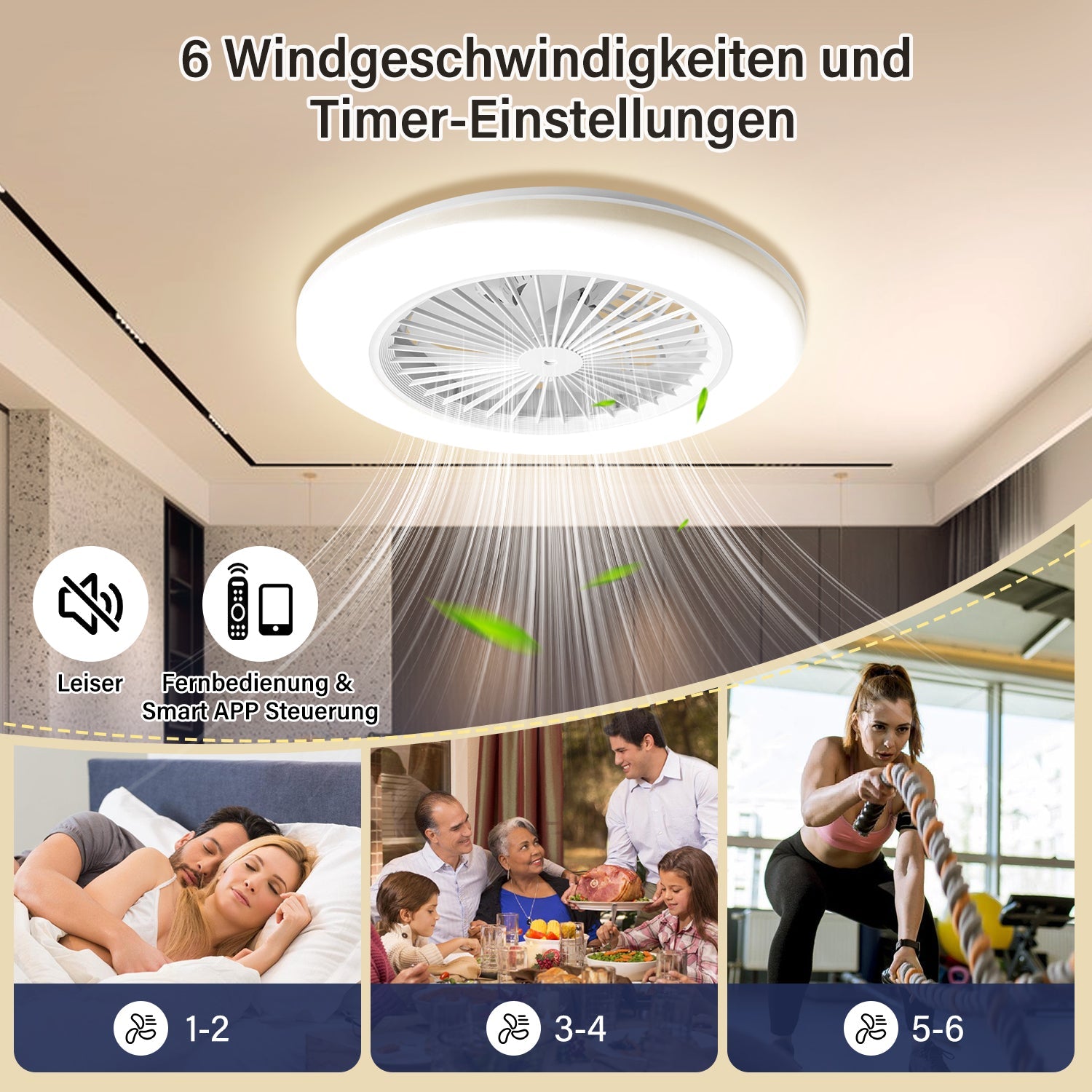 Hengda Deckenventilator mit RGB LED Beleuchtung, 6 Geschwindigkeiten,  Stufenloses Dimmen, φ49cm, Ventilator Lüfter Deckenlampe