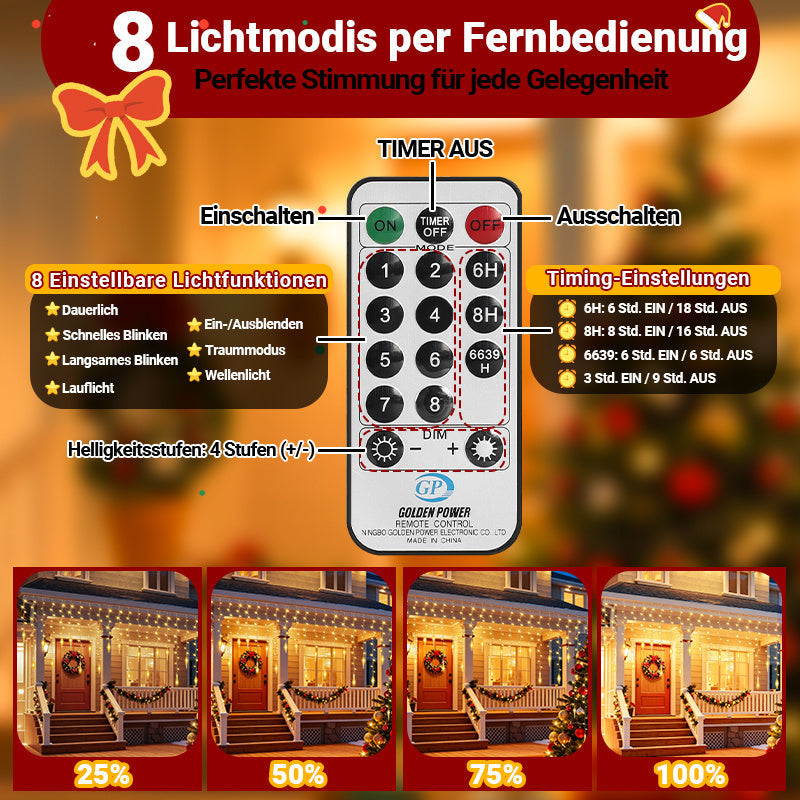 Hengda LED Eiszapfen Lichterkette Außen mit Fernbedienung | 8 Modi & Timer Weihnachtslichterkette IP44 | LED Lichterkette für Garten, Balkon & Hausfassade