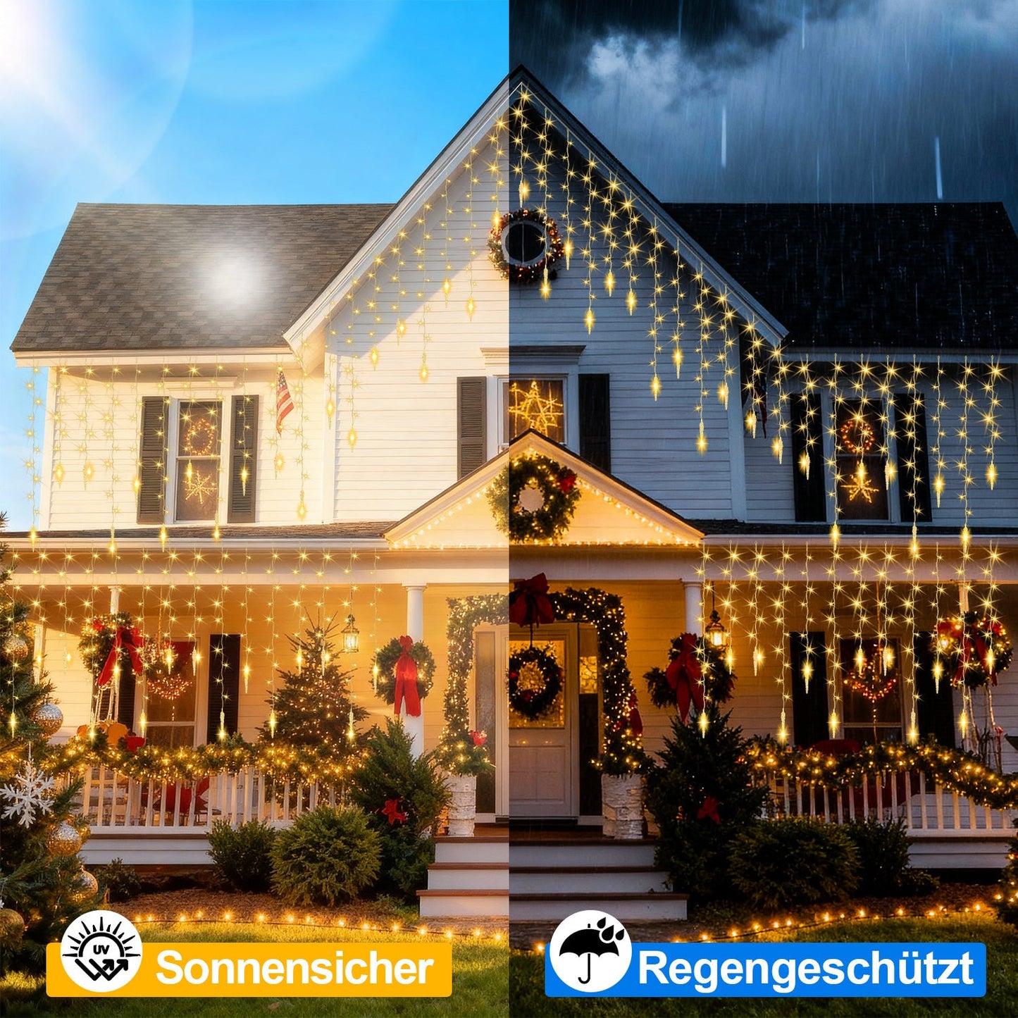 Hengda LED Eiszapfen Lichterkette Außen mit Fernbedienung | 8 Modi & Timer Weihnachtslichterkette IP44 | LED Lichterkette für Garten, Balkon & Hausfassade