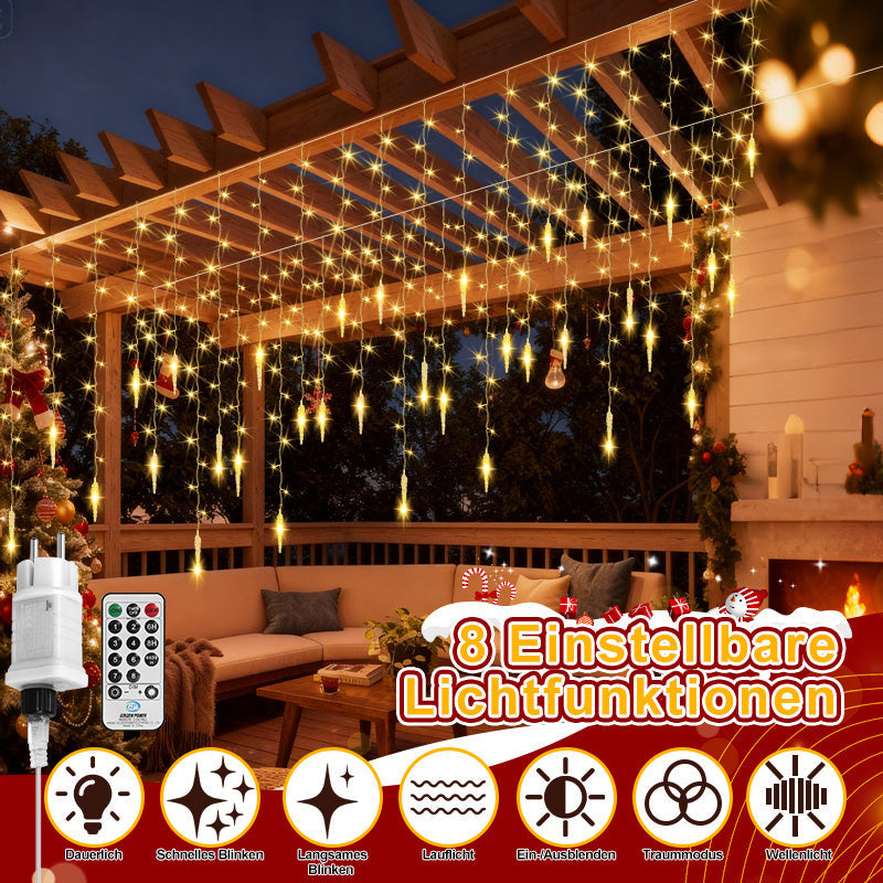 Hengda LED Eiszapfen Lichterkette Außen mit Fernbedienung | 8 Modi & Timer Weihnachtslichterkette IP44 | LED Lichterkette für Garten, Balkon & Hausfassade