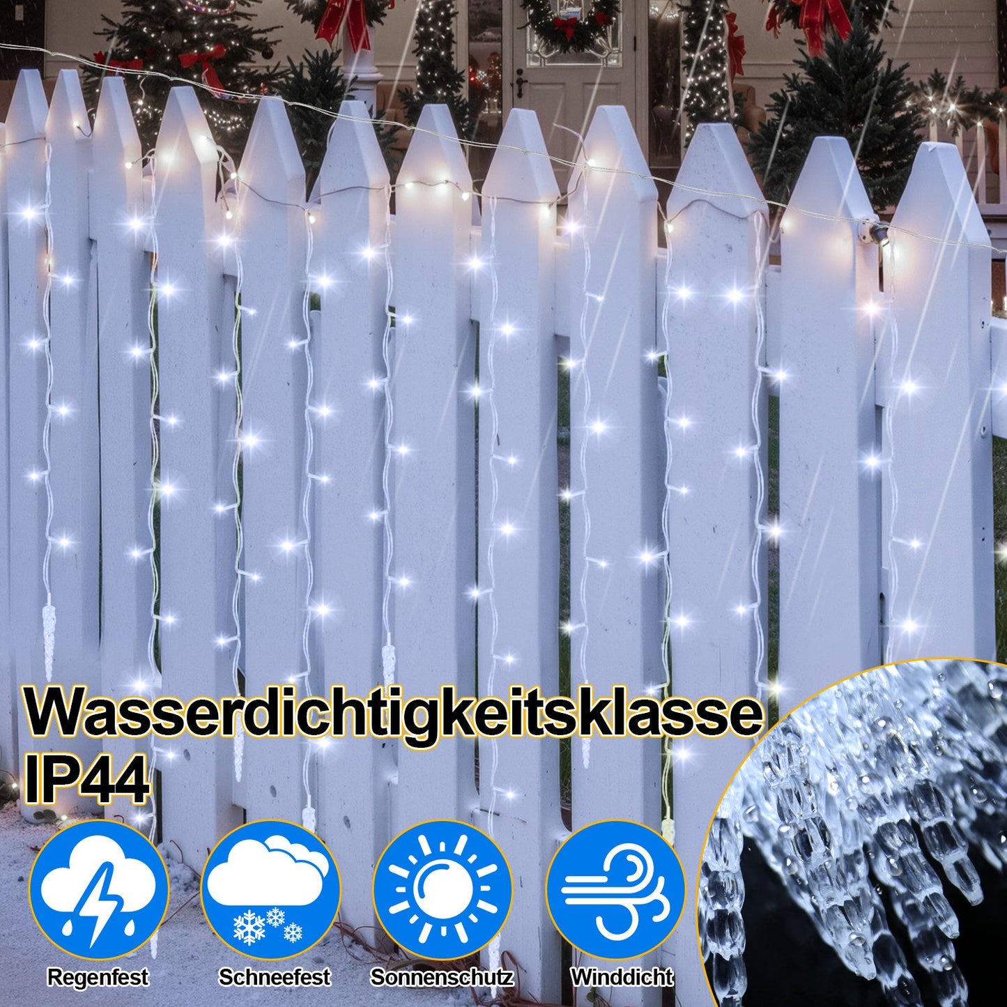 Hengda LED Eiszapfen Lichterkette Außen mit Fernbedienung | 8 Modi & Timer Weihnachtslichterkette IP44 | LED Lichterkette für Garten, Balkon & Hausfassade