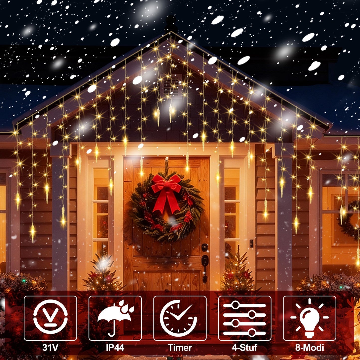 Hengda LED Eiszapfen Lichterkette Außen mit Fernbedienung | 8 Modi & Timer Weihnachtslichterkette IP44 | LED Lichterkette für Garten, Balkon & Hausfassade