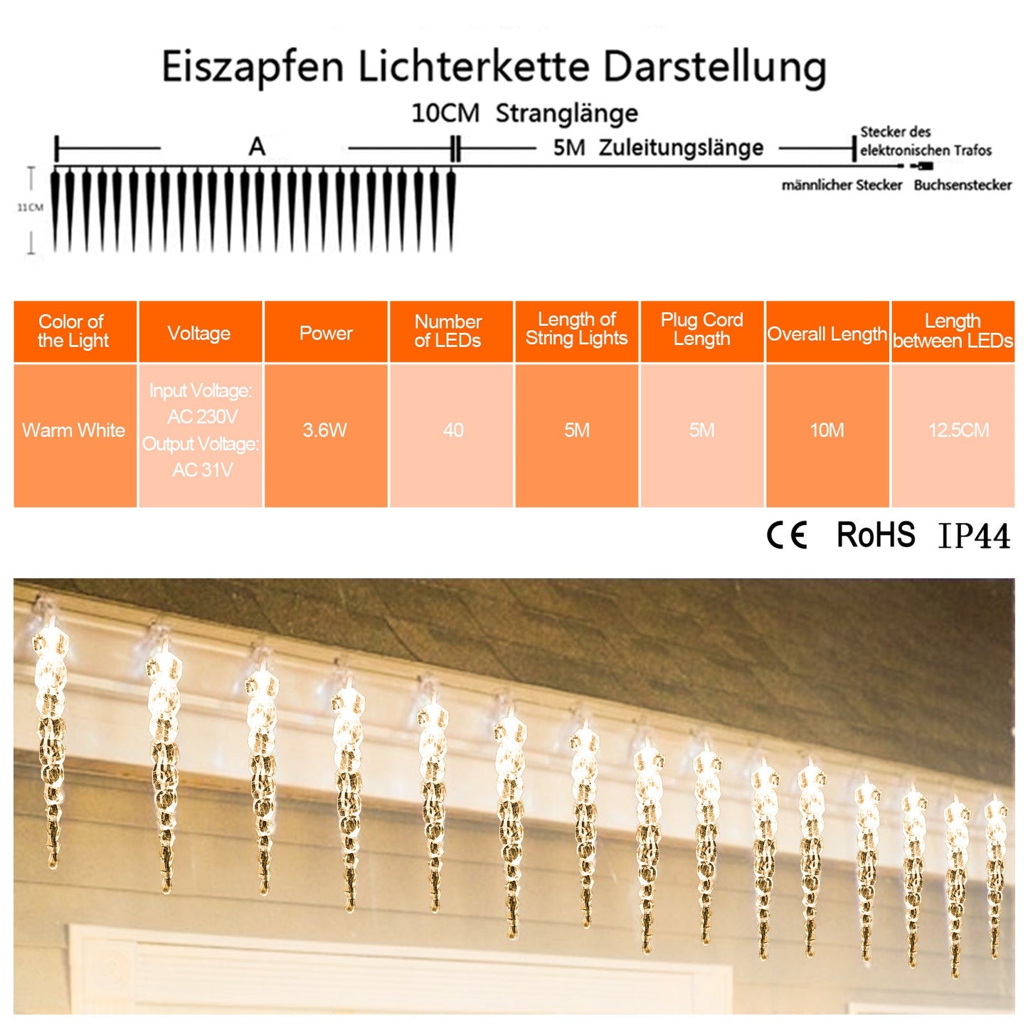 Hengda Eiszapfen lichterkette, 40LEDs Eiszapfen, Weihnachtsbeleuchtung  Innen & Außen Deko