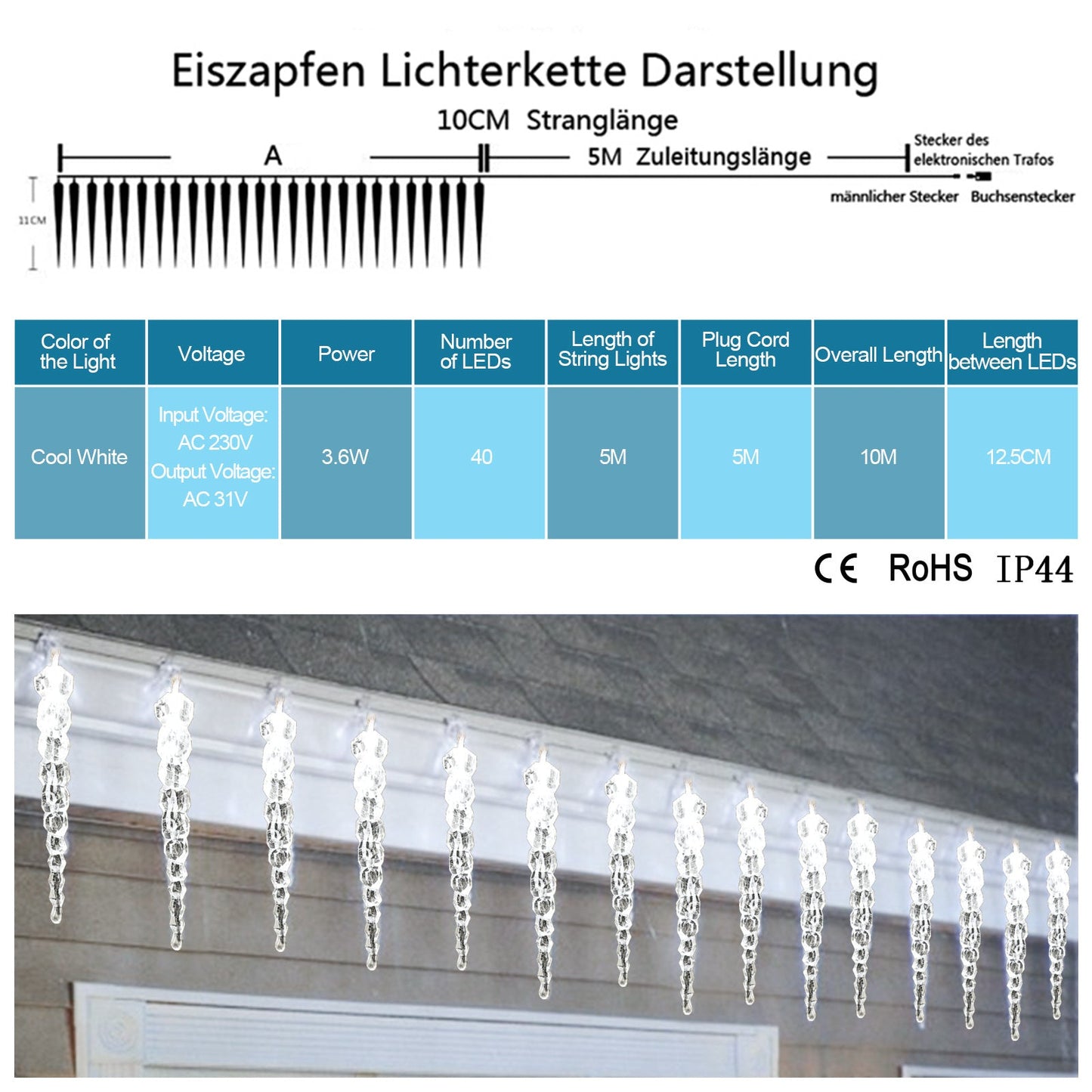 Hengda Eiszapfen lichterkette, 40LEDs Eiszapfen, Weihnachtsbeleuchtung  Innen & Außen Deko