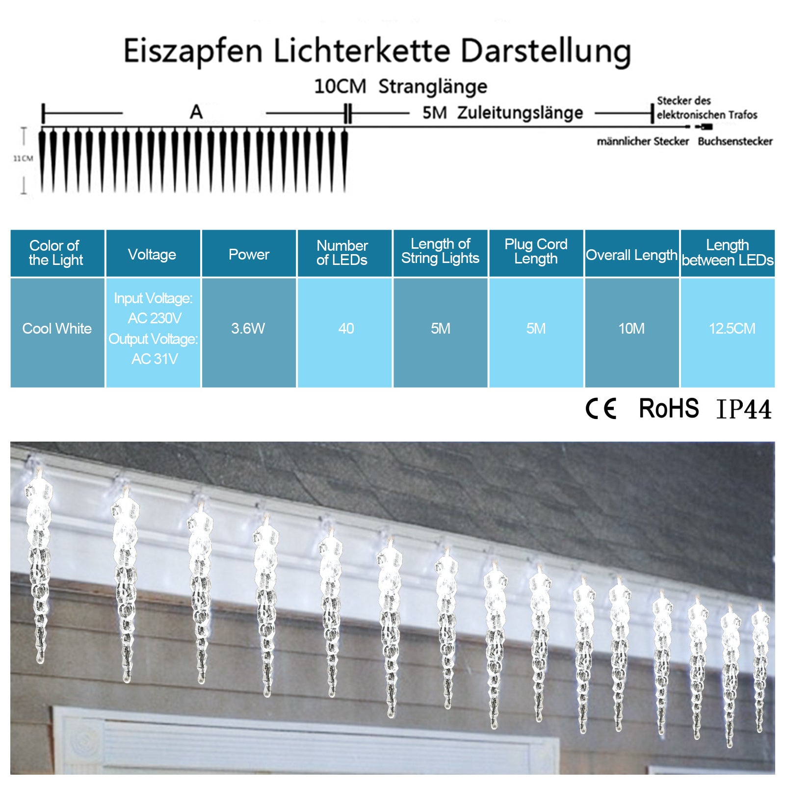 Hengda Eiszapfen lichterkette, 40LEDs Eiszapfen, Weihnachtsbeleuchtung  Innen & Außen Deko