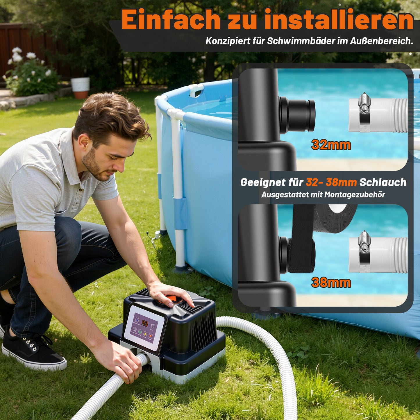 Hengda Poolheizung Elektrisch 3KW, Temperaturregelung 37-45°C, mit FI-Schutz & Kippschutz, für 32/38 mm