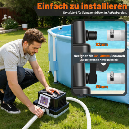 Hengda Poolheizung Elektrisch 3KW, Temperaturregelung 37-45°C, mit FI-Schutz & Kippschutz, für 32/38 mm