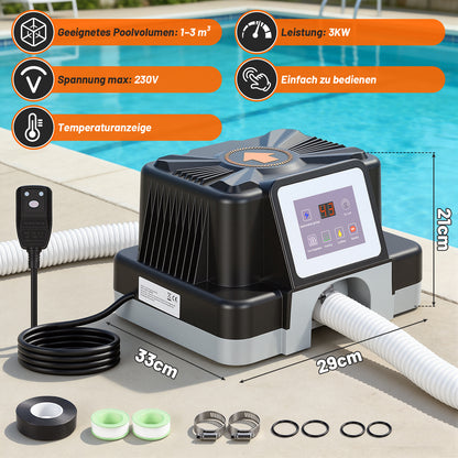 Hengda Poolheizung Elektrisch 3KW, Temperaturregelung 37-45°C, mit FI-Schutz & Kippschutz, für 32/38 mm
