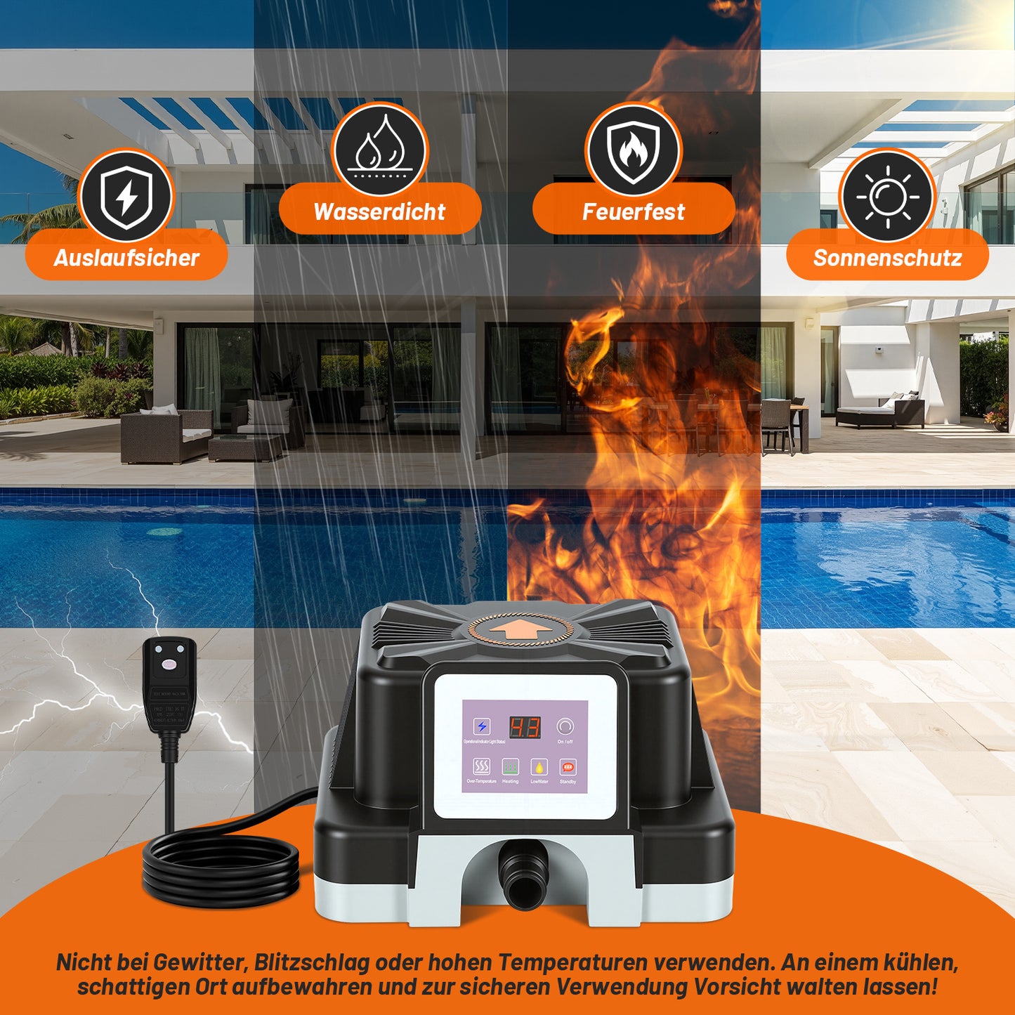 Hengda Poolheizung Elektrisch 3KW, Temperaturregelung 37-45°C, mit FI-Schutz & Kippschutz, für 32/38 mm