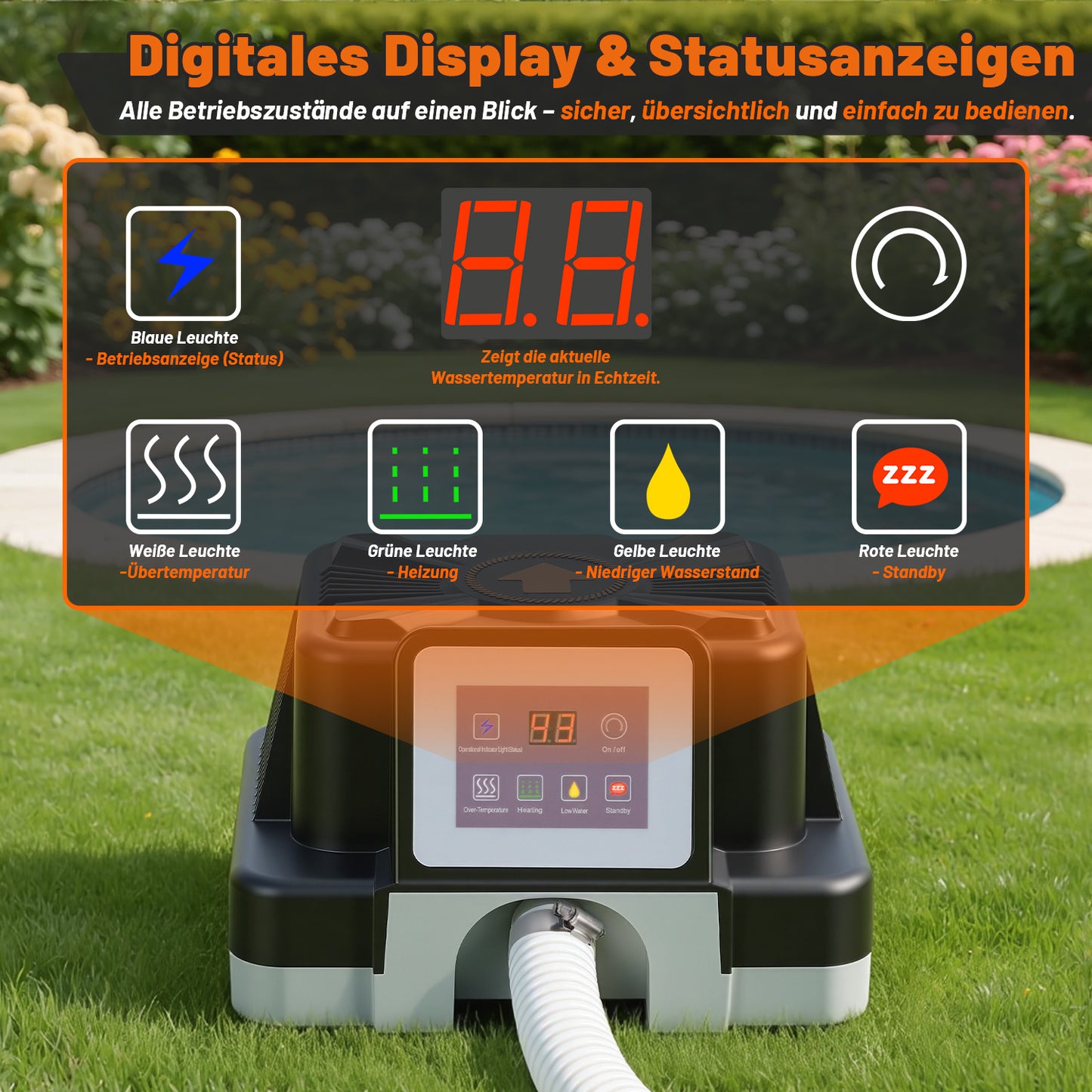 Hengda Poolheizung Elektrisch 3KW, Temperaturregelung 37-45°C, mit FI-Schutz & Kippschutz, für 32/38 mm
