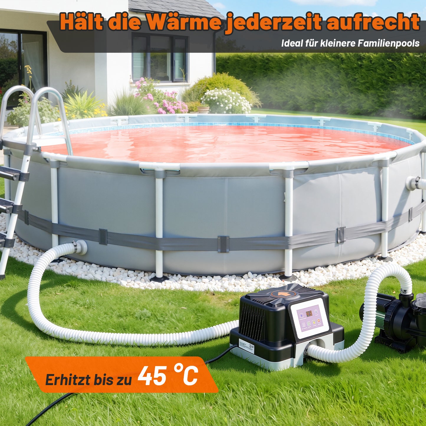 Hengda Poolheizung Elektrisch 3KW, Temperaturregelung 37-45°C, mit FI-Schutz & Kippschutz, für 32/38 mm