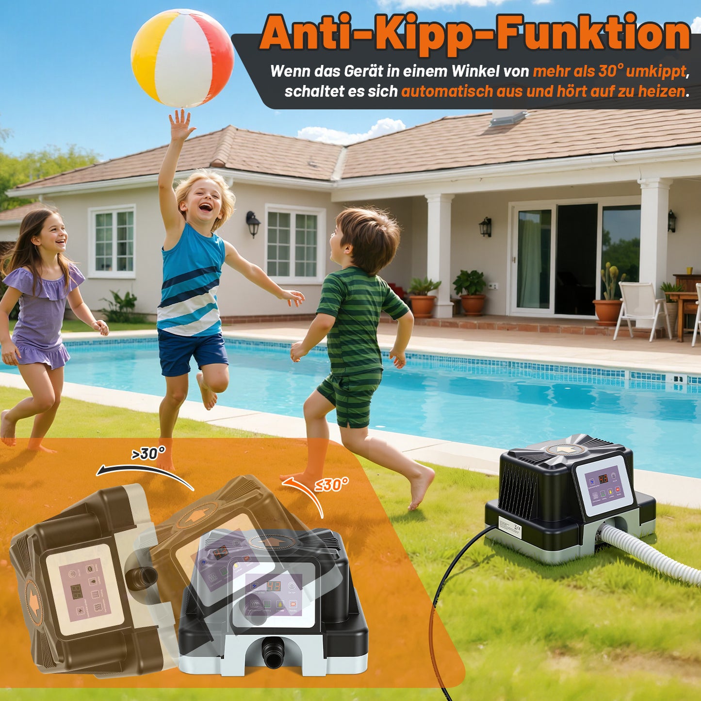 Hengda Poolheizung Elektrisch 3KW, Temperaturregelung 37-45°C, mit FI-Schutz & Kippschutz, für 32/38 mm