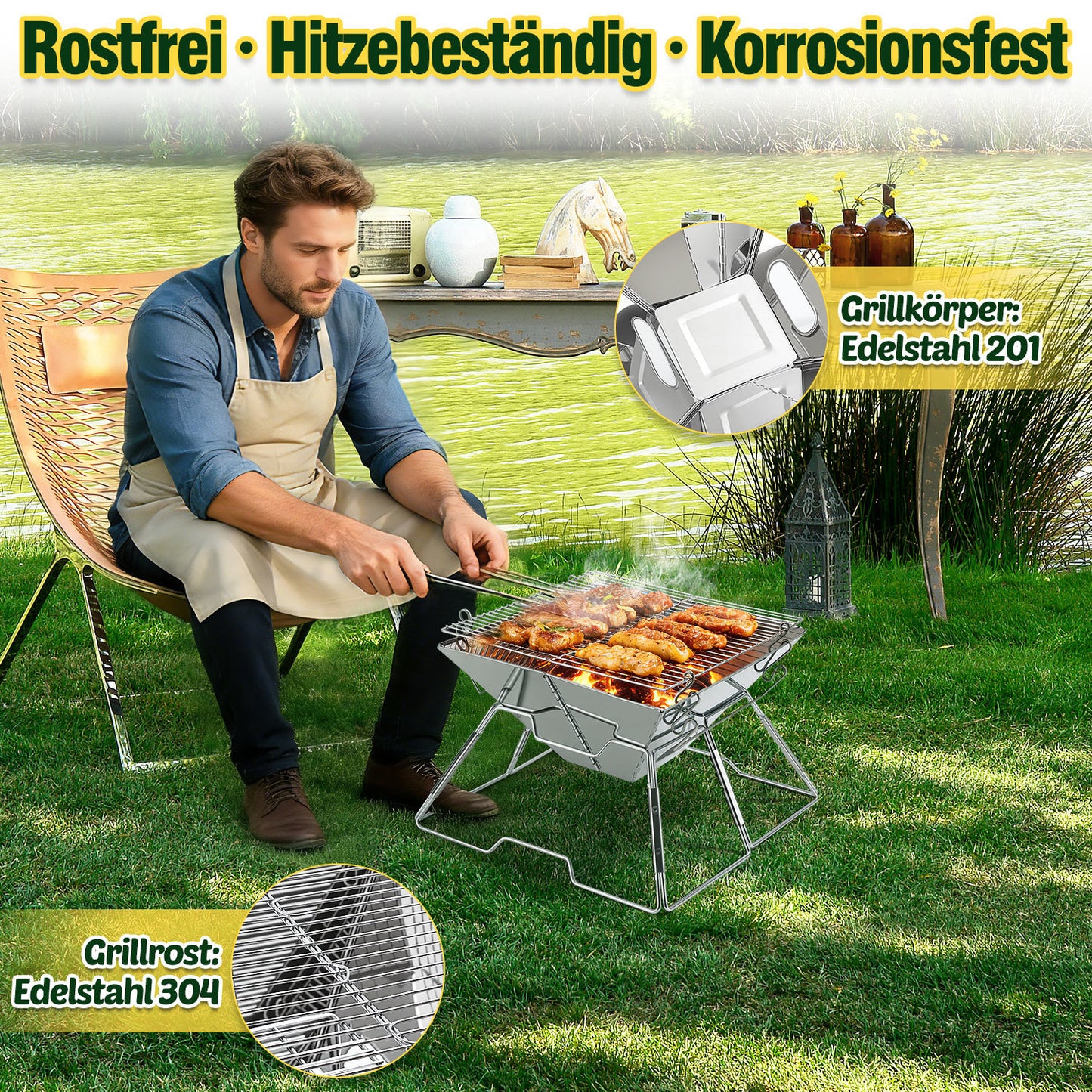 Hengda Faltbarer Grill, Kleiner Tragbarer BBQ Grill, 2-fach Höhenverstellbar