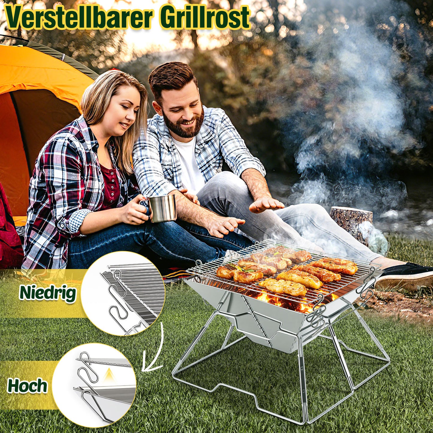 Hengda Faltbarer Grill, Kleiner Tragbarer BBQ Grill, 2-fach Höhenverstellbar