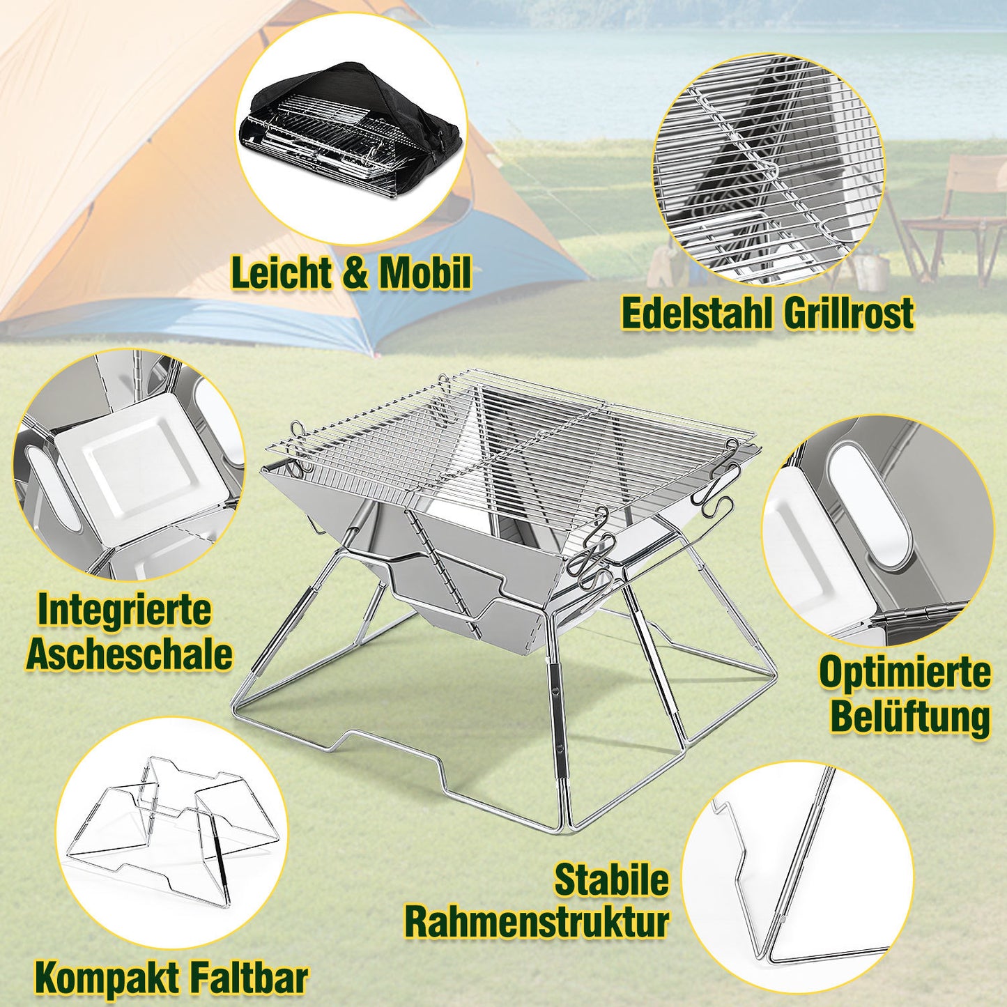 Hengda Faltbarer Grill, Kleiner Tragbarer BBQ Grill, 2-fach Höhenverstellbar