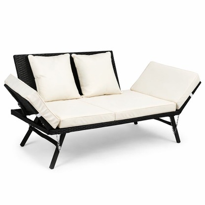 Hengda Gartenbank Polyrattan mit Liegefunktion, Outdoor Sofa Verstellbaren Armlehnen