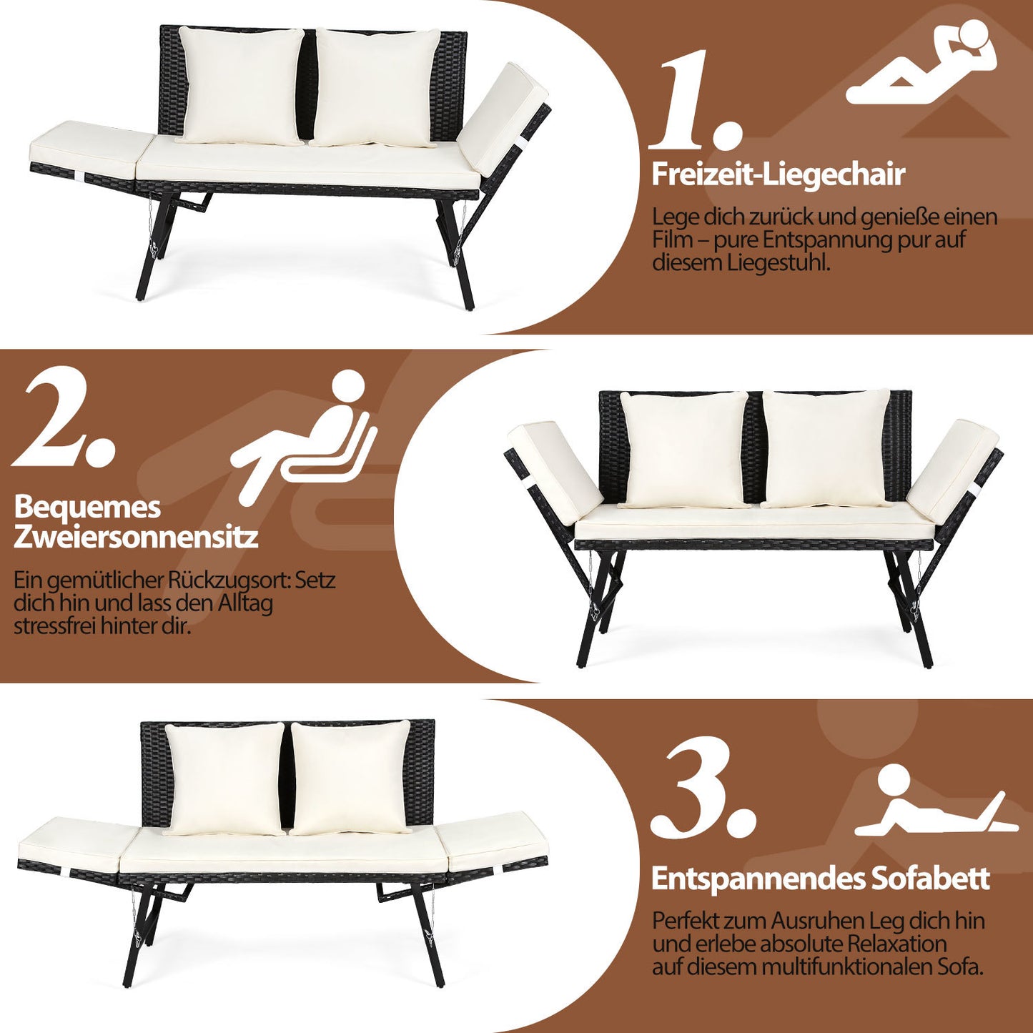 Hengda Gartenbank Polyrattan mit Liegefunktion, Outdoor Sofa Verstellbaren Armlehnen