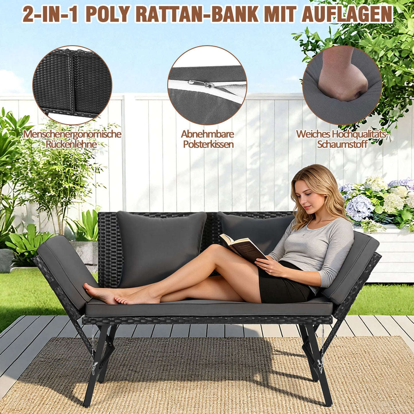 Hengda Gartenbank Polyrattan mit Liegefunktion, Outdoor Sofa Verstellbaren Armlehnen