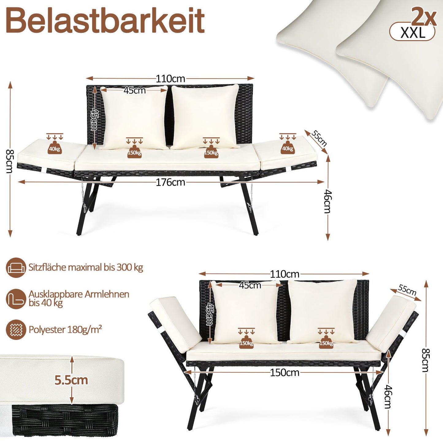 Hengda Gartenbank Polyrattan mit Liegefunktion, Outdoor Sofa Verstellbaren Armlehnen