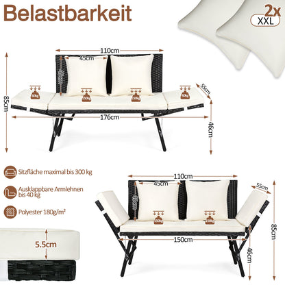 Hengda Gartenbank Polyrattan mit Liegefunktion, Outdoor Sofa Verstellbaren Armlehnen