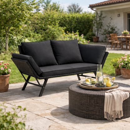 Hengda Gartenbank Polyrattan mit Liegefunktion, Outdoor Sofa Verstellbaren Armlehnen