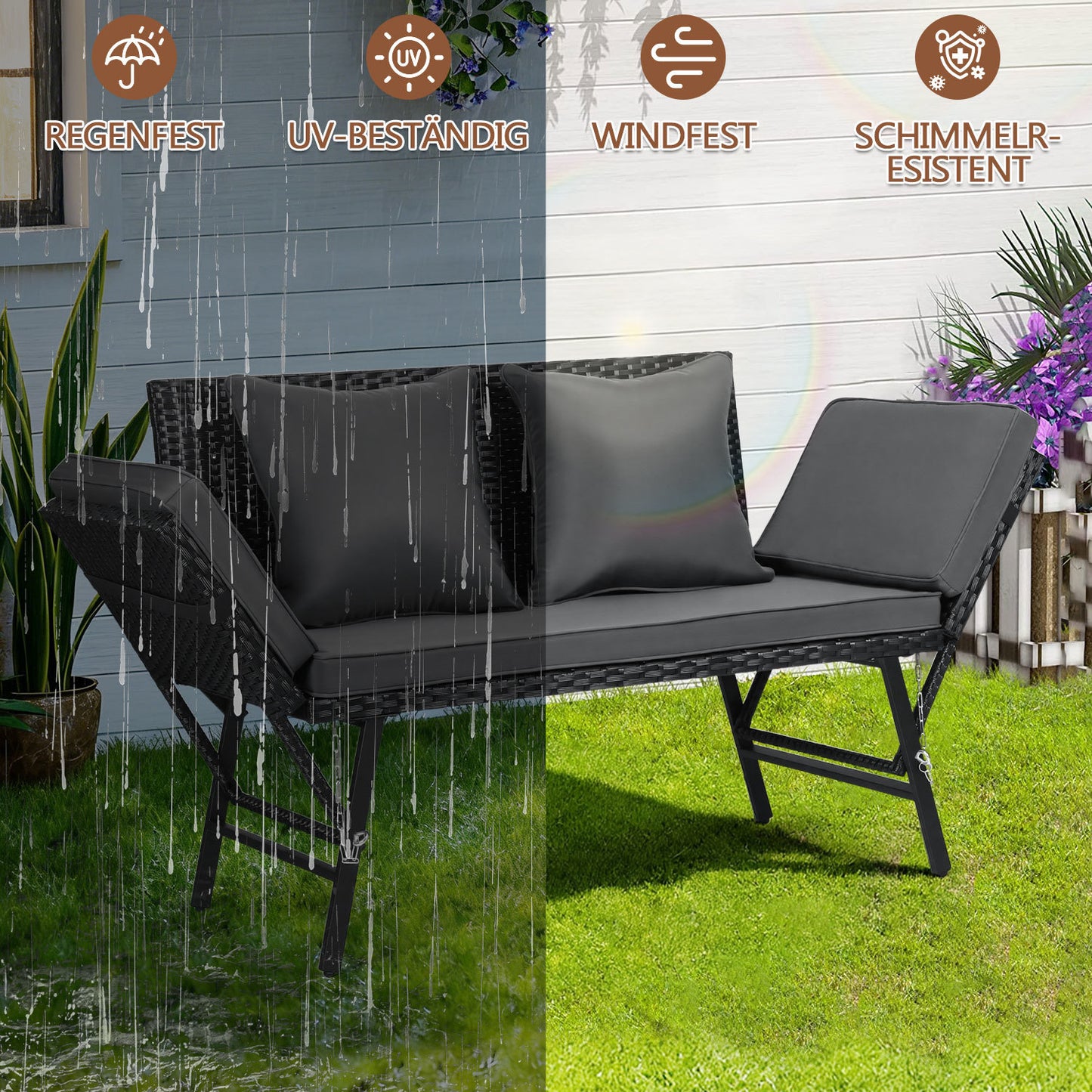 Hengda Gartenbank Polyrattan mit Liegefunktion, Outdoor Sofa Verstellbaren Armlehnen